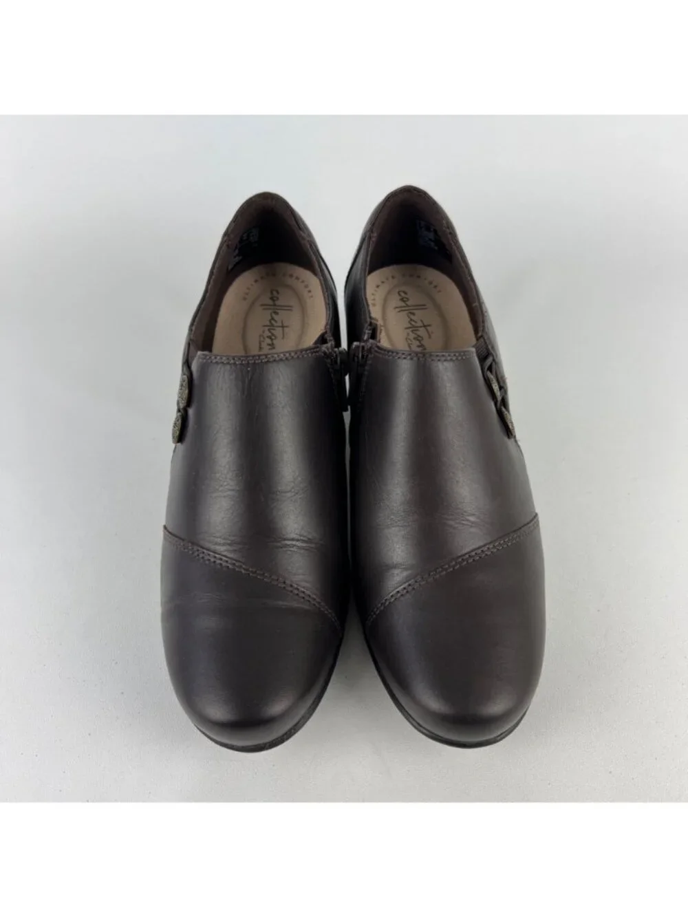 Clarks Womens Emslie Warren Zip Ankle Bootie Button Brown Leather size 8W Wide